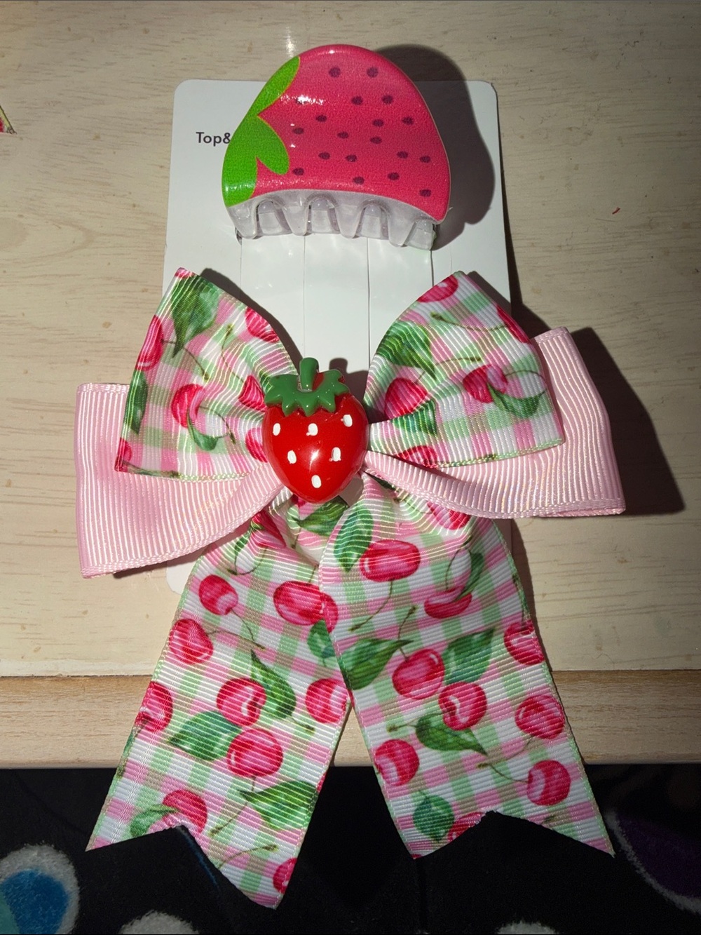 Kids Strawberry & Cherry Hair Bow Clip - Pink